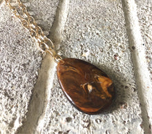 Load image into Gallery viewer, Dark Brown Pendant Necklace, Your Choice Gold OR Silver Chain, Your choice of length, Long acrylic teardrop jewelry, brown necklace jewelry