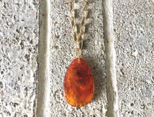 Load image into Gallery viewer, Amber Pendant Necklace, Your Choice Gold OR Silver Chain, Your choice of length, Long acrylic teardrop jewelry, brown necklace jewelry