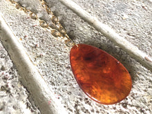 Load image into Gallery viewer, Amber Pendant Necklace, Your Choice Gold OR Silver Chain, Your choice of length, Long acrylic teardrop jewelry, brown necklace jewelry