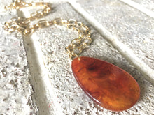 Load image into Gallery viewer, Amber Pendant Necklace, Your Choice Gold OR Silver Chain, Your choice of length, Long acrylic teardrop jewelry, brown necklace jewelry
