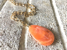 Load image into Gallery viewer, Orange Pendant Necklace, Your Choice Gold OR Silver Chain, You choose length, Long acrylic teardrop jewelry, orange necklace jewelry