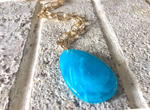 Load image into Gallery viewer, Aqua Blue Pendant Necklace, Your Choice Gold OR Silver Chain, You choose length, Long acrylic teardrop jewelry, light blue necklace jewelry
