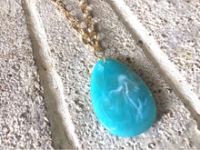 Load image into Gallery viewer, Seafoam green Pendant Necklace, Your Choice Gold OR Silver Chain, You choose length, Long acrylic teardrop jewelry, green necklace jewelry