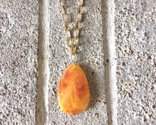 Load image into Gallery viewer, Marigold Pendant Necklace, Your Choice Gold OR Silver Chain, You choose length, Long acrylic teardrop jewelry, orange yellow necklace jewelr