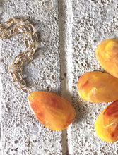 Load image into Gallery viewer, Marigold Pendant Necklace, Your Choice Gold OR Silver Chain, You choose length, Long acrylic teardrop jewelry, orange yellow necklace jewelr