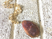 Load image into Gallery viewer, Purple Brown Pendant Necklace, Your Choice Gold OR Silver Chain, You choose length, Long acrylic teardrop jewelry, purple necklace jewelry