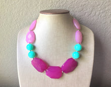 Load image into Gallery viewer, Blush Pink, Magenta & Mint Big Bead Necklace, Double Strand Statement Jewelry, magenta blush mint green Chunky bib, bridesmaid or everyday
