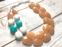 Load image into Gallery viewer, Champagne White & Ocean Blue Necklace, Nautical Double Strand Statement Jewelry, tan Chunky bib bridesmaid, bubble jewelry, white blue beige