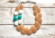 Load image into Gallery viewer, Champagne White & Ocean Blue Necklace, Nautical Double Strand Statement Jewelry, tan Chunky bib bridesmaid, bubble jewelry, white blue beige
