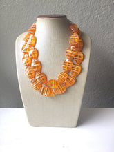 Load image into Gallery viewer, Orange White Statement Jewelry Set, big Beaded Chunky necklace bracelet earrings, multi Strand wedding, orange bridesmaid necklace