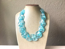 Load image into Gallery viewer, Ice Blue White Statement Jewelry Set, big Beaded Chunky necklace bracelet earrings, Double Strand wedding, bridesmaid necklace, blue earring