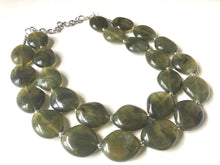 Load image into Gallery viewer, Army Green Chunky Statement Necklace, Big beaded jewelry, Double Strand Statement Necklace, Bib green bridesmaid wedding praline
