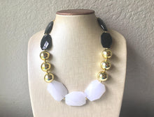 Load image into Gallery viewer, Black White & Gold Big Bead Necklace, Statement Jewelry, white black gold Chunky bib, bridesmaids necklace, wedding necklace, bridal