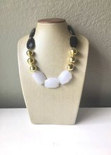 Load image into Gallery viewer, Black White & Gold Big Bead Necklace, Statement Jewelry, white black gold Chunky bib, bridesmaids necklace, wedding necklace, bridal