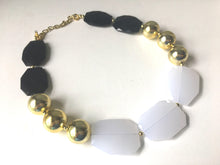 Load image into Gallery viewer, Black White & Gold Big Bead Necklace, Statement Jewelry, white black gold Chunky bib, bridesmaids necklace, wedding necklace, bridal