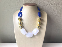 Load image into Gallery viewer, Blue White & Gold Big Bead Necklace, Statement Jewelry, white blue gold Chunky bib, bridesmaids necklace, wedding necklace, bridal necklace