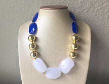 Load image into Gallery viewer, Blue White & Gold Big Bead Necklace, Statement Jewelry, white blue gold Chunky bib, bridesmaids necklace, wedding necklace, bridal necklace