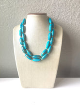 Load image into Gallery viewer, Turquoise and Gold Statement Necklace, blue beaded necklace, tirquoise jewelry, gold jewelry, big bead chunky necklace, blue bib necklace