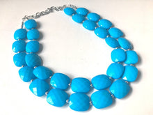 Load image into Gallery viewer, Blue Statement jewelry set, Chunky Beaded Necklace, blue Jewelry, blue Necklace, blue beaded necklace, blue earrings, blue bracelet, dress