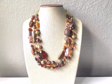 Load image into Gallery viewer, Chocolate Dream! Shades of Brown statement necklace, chunky brown bib necklace, beaded triple strand jewelry, brown bridesmaid wedding jewel