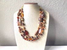 Load image into Gallery viewer, Chocolate Dream, Shades of Brown statement necklace, chunky brown bib necklace, beaded triple strand jewelry, brown bridesmaid wedding jewel