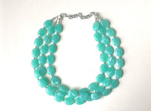 Load image into Gallery viewer, Mint Green Statement Necklace, Chunky Jewelry Big Beaded Triple Strand Necklace, light green Necklace, mint Jewelry Set, mint Beaded necklac