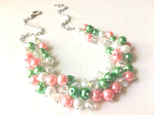 Load image into Gallery viewer, Pink & Green Crystal Cluster Necklace, The "Kentucky Derby", Pink and Green jewelry Necklace, Pearls necklace, silver chain necklace