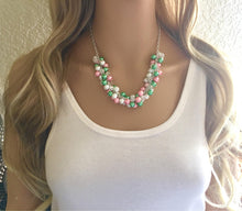 Load image into Gallery viewer, Pink & Green Crystal Cluster Necklace, The "Kentucky Derby", Pink and Green jewelry Necklace, Pearls necklace, silver chain necklace