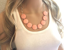 Load image into Gallery viewer, Peach Statement Necklace & earring set, pink jewelry, Your Choice of GOLD or SILVER, peach bib chunky necklace, light pink round necklace