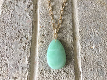 Load image into Gallery viewer, Light Green Pendant Necklace, Your Choice Gold OR Silver Chain, Your choice of length, Long acrylic teardrop jewelry, green necklace jewelry