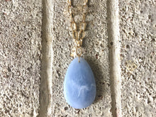 Load image into Gallery viewer, Sky Blue Pendant Necklace, Your Choice Gold OR Silver Chain, Your choice of length, Long acrylic teardrop jewelry, light blue necklace jewel