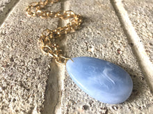 Load image into Gallery viewer, Sky Blue Pendant Necklace, Your Choice Gold OR Silver Chain, Your choice of length, Long acrylic teardrop jewelry, light blue necklace jewel
