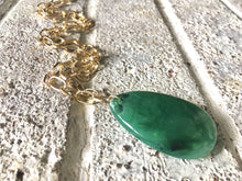 Load image into Gallery viewer, Forest Green Pendant Necklace, Your Choice Gold OR Silver Chain, You choose length, Long acrylic teardrop jewelry, green necklace jewelry