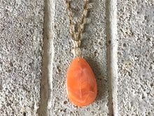 Load image into Gallery viewer, Orange Pendant Necklace, Your Choice Gold OR Silver Chain, You choose length, Long acrylic teardrop jewelry, orange necklace jewelry