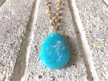 Load image into Gallery viewer, Seafoam green Pendant Necklace, Your Choice Gold OR Silver Chain, You choose length, Long acrylic teardrop jewelry, green necklace jewelry