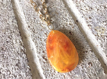 Load image into Gallery viewer, Marigold Pendant Necklace, Your Choice Gold OR Silver Chain, You choose length, Long acrylic teardrop jewelry, orange yellow necklace jewelr