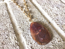 Load image into Gallery viewer, Purple Brown Pendant Necklace, Your Choice Gold OR Silver Chain, You choose length, Long acrylic teardrop jewelry, purple necklace jewelry