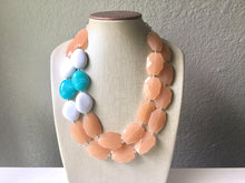 Load image into Gallery viewer, Champagne White & Ocean Blue Necklace, Nautical Double Strand Statement Jewelry, tan Chunky bib bridesmaid, bubble jewelry, white blue beige