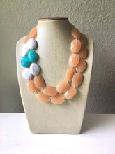 Load image into Gallery viewer, Champagne White & Ocean Blue Necklace, Nautical Double Strand Statement Jewelry, tan Chunky bib bridesmaid, bubble jewelry, white blue beige