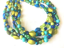 Load image into Gallery viewer, Blue & Green Mermaid Chunky Statement Necklace, 5 Strand Beaded Jewelry, Blue Green jewelry, bridesmaid wedding jewelry, jewel tone mermaid