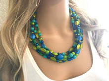 Load image into Gallery viewer, Blue & Green Mermaid Chunky Statement Necklace, 5 Strand Beaded Jewelry, Blue Green jewelry, bridesmaid wedding jewelry, jewel tone mermaid