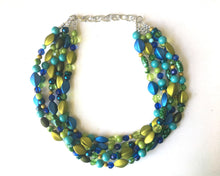 Load image into Gallery viewer, Blue & Green Mermaid Chunky Statement Necklace, 5 Strand Beaded Jewelry, Blue Green jewelry, bridesmaid wedding jewelry, jewel tone mermaid