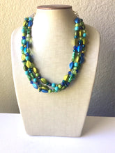 Load image into Gallery viewer, Blue & Green Mermaid Chunky Statement Necklace, 3 Strand Beaded Jewelry, Blue Green jewelry, bridesmaid wedding jewelry, jewel tone mermaid