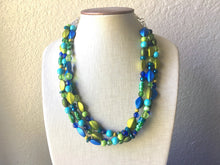 Load image into Gallery viewer, Blue & Green Mermaid Chunky Statement Necklace, 3 Strand Beaded Jewelry, Blue Green jewelry, bridesmaid wedding jewelry, jewel tone mermaid