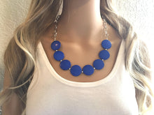 Load image into Gallery viewer, Royal Blue Statement Necklace & Earring set, blue jewelry, Your Choice of GOLD or SILVER, blue bib chunky necklace, dark blue necklace jewel