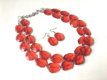 Load image into Gallery viewer, Ruby Red Chunky Statement Necklace and earrings Set, Beaded red Jewelry, light red bib necklace, red earrings, red jewelry