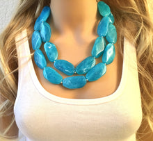 Load image into Gallery viewer, Ocean Blue Necklace, Double Strand Statement Jewelry, Caribbean Chunky bib bridesmaid, everyday bridesmaid jewelry turquoise teal