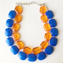 Load image into Gallery viewer, Blue & Orange Necklace, multi strand jewelry, big beaded chunky statement necklace, blue necklace, bridesmaid necklace, bib necklace, orange