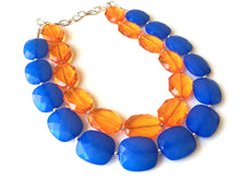Load image into Gallery viewer, Blue & Orange Necklace, multi strand jewelry, big beaded chunky statement necklace, blue necklace, bridesmaid necklace, bib necklace, orange