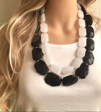 Load image into Gallery viewer, White & Black Necklace, Double strand jewelry, big beaded chunky statement necklace, black necklace, black jewelry, white necklace, black